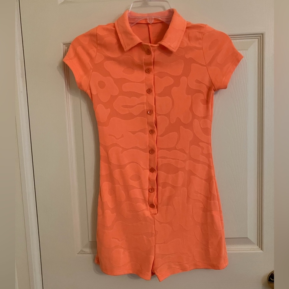 Button-Front Short Sleeve Orange Romper